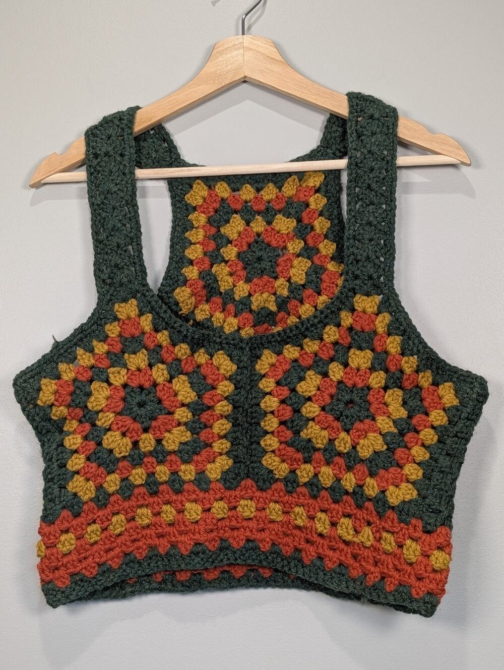 Crochet Crop Top Handmade Granny Square Festival Boho Green Orange Size M...